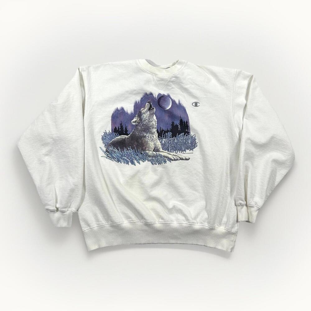 Vintage Champion Wolf Nature Moon 90s Print Crewneck Sweatshirt Size X-Large
